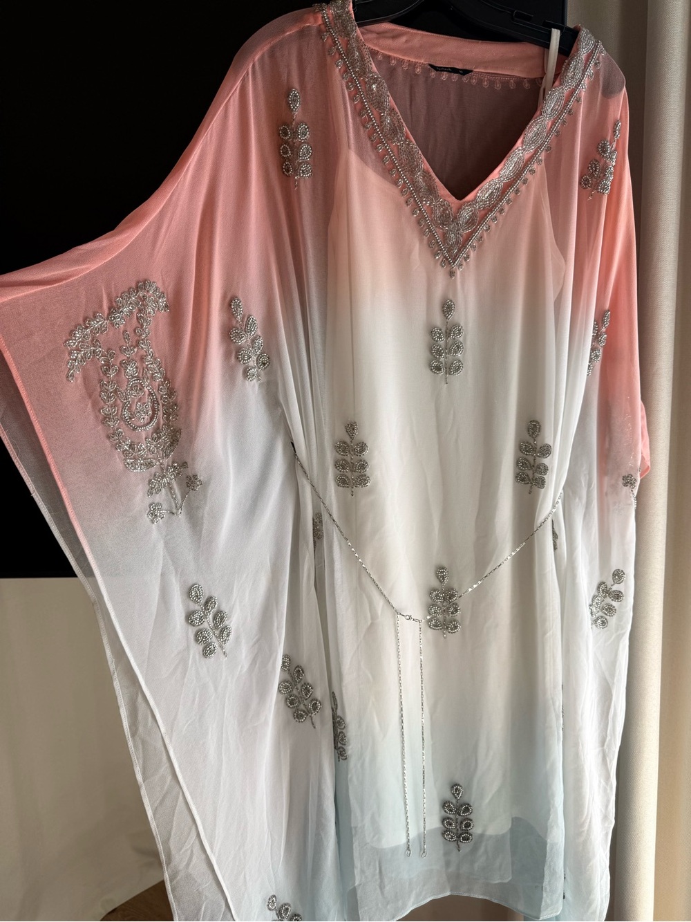 Beaded Ombre V-Neck Tunic Dress - Peach to Blue